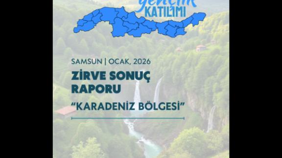 Yeşil vadide şelale, üzerinde Karadeniz haritası ve mavi yazılı zirve raporu başlığı.
