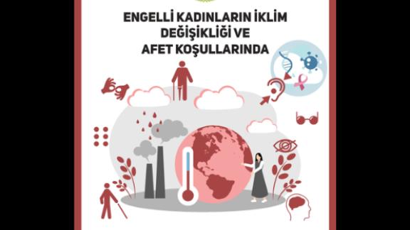 Afet, iklim ve sağlık simgeleriyle çevrili dünya grafik tasarımı, üstte Türkçe başlık.