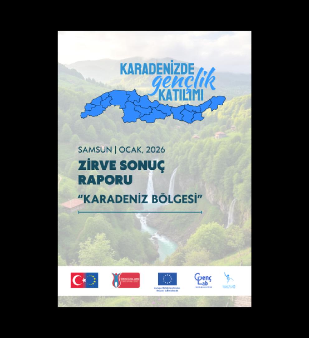 Yeşil vadide şelale, üzerinde Karadeniz haritası ve mavi yazılı zirve raporu başlığı.