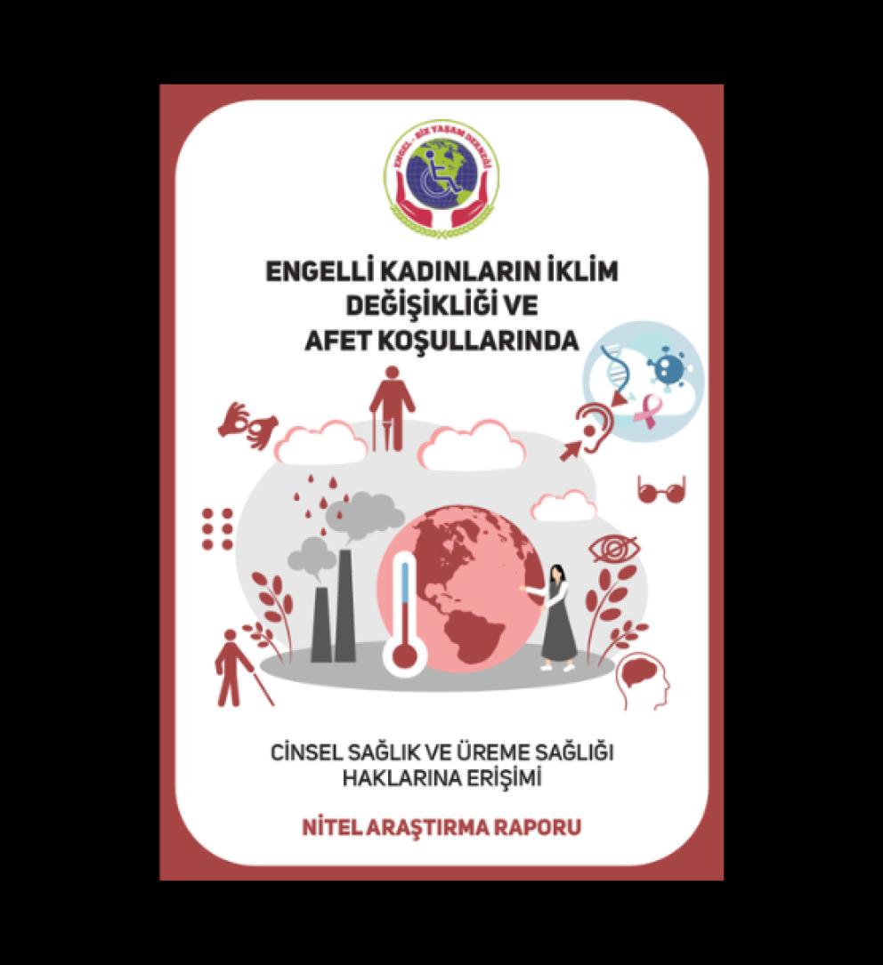 Afet, iklim ve sağlık simgeleriyle çevrili dünya grafik tasarımı, üstte Türkçe başlık.