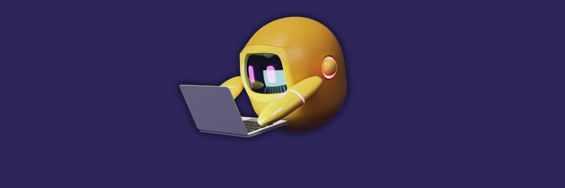 sarı sevimli bir robot bilgisayara bakıyor.