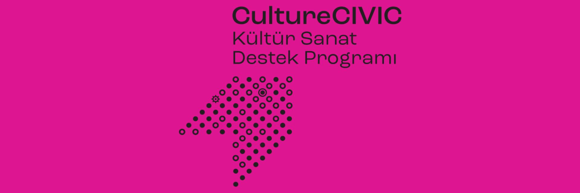 Pembe zemin üzerinde CultureCIVIC logosu ve ok şeklinde siyah noktalar.