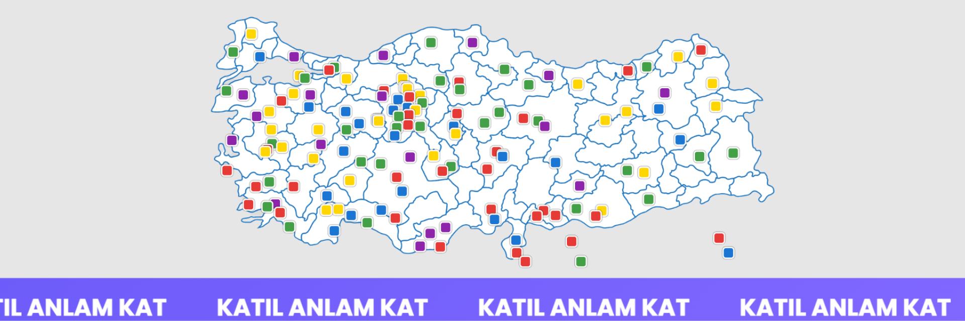 Türkiye haritası üzerinde renkli noktalar.