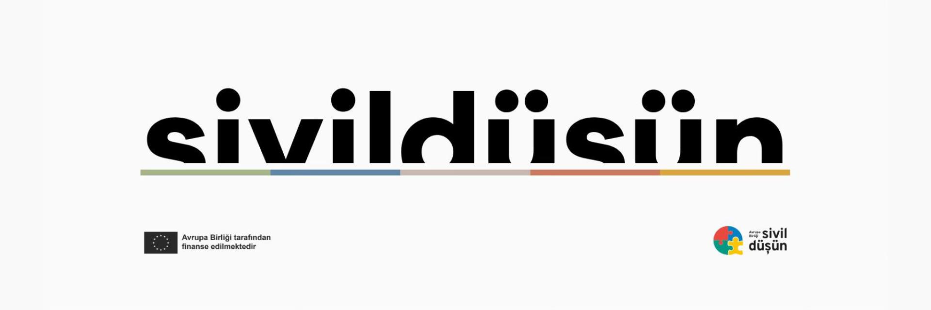 sivildiişin yazısı, altında renkli çizgi ve iki logo