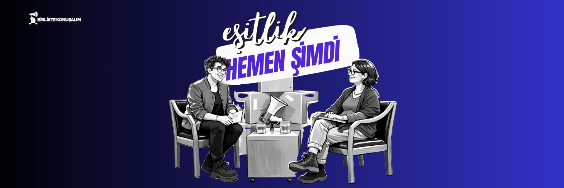 İki kişi modern sandalyelerde sohbet ediyor, mor arka plan, ortada büyük başlık yazısı.