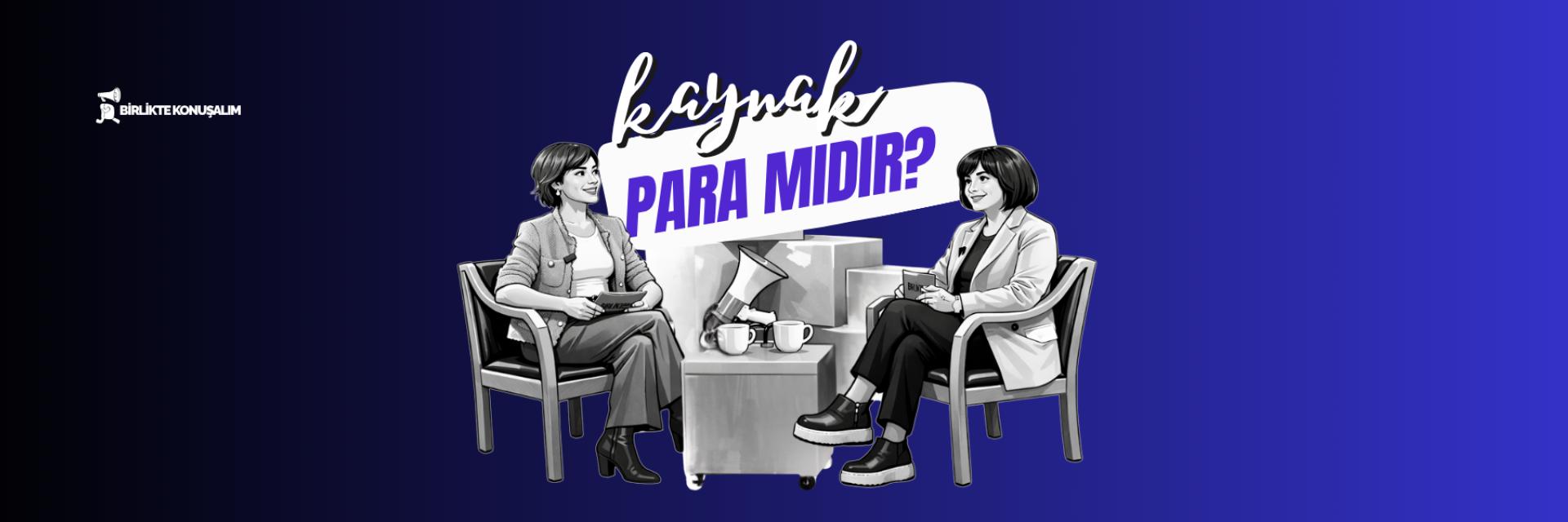 İki kadın sandalyede oturup sohbette, mor arka plan üzerinde.