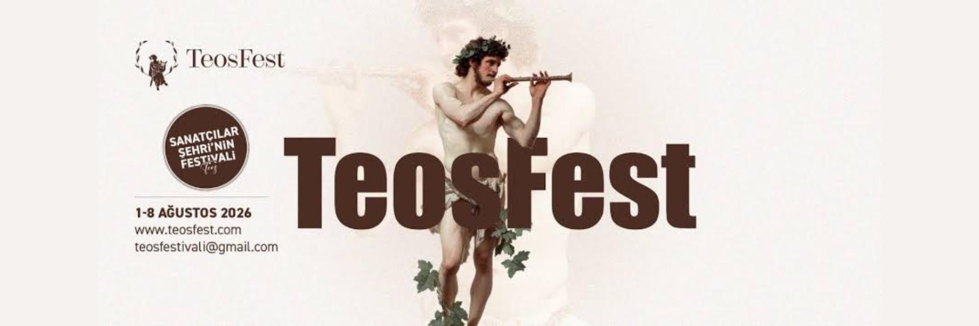 Flüt çalan mitolojik figür ve büyük "Teosfest" yazısı, sol üstte festival logosu.