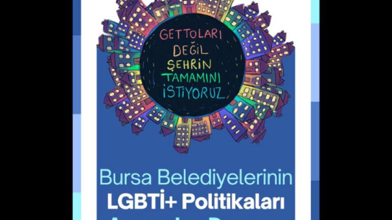 Renkli binalar ve daire içinde “Gettolar değil, şehrin tamamını istiyoruz” yazısı