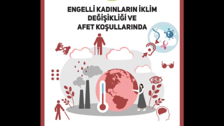 Afet, iklim ve sağlık simgeleriyle çevrili dünya grafik tasarımı, üstte Türkçe başlık.