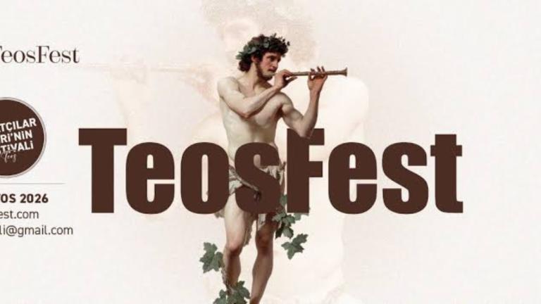 Flüt çalan mitolojik figür ve büyük "Teosfest" yazısı, sol üstte festival logosu.
