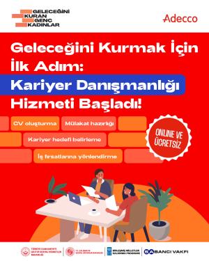 Kırmızı arka plan, masada çalışan iki kadın illüstrasyonu ve kariyer danışmanlığı metni