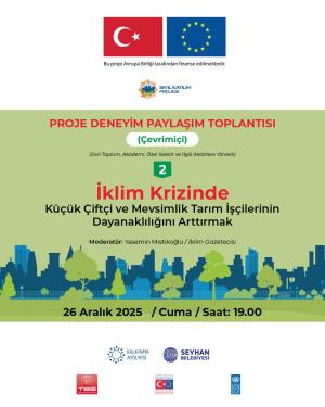 Yeşil zemin üzerinde, iklim krizi toplantısı duyurusu ve Türkiye ile AB bayrakları.