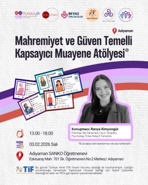 Gülümseyen kadın fotoğrafı, renkli kartlar ve etkinlik bilgileri içeren afiş.