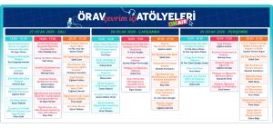 Renkli atölye takvimi tablosu, başlık ve etkinlik listeleriyle.