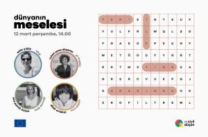 Dört konuşmacının fotoğrafları ve kelime bulmacası görseli.