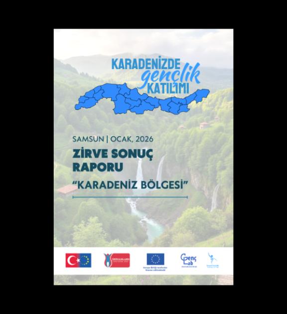 Yeşil vadide şelale, üzerinde Karadeniz haritası ve mavi yazılı zirve raporu başlığı.
