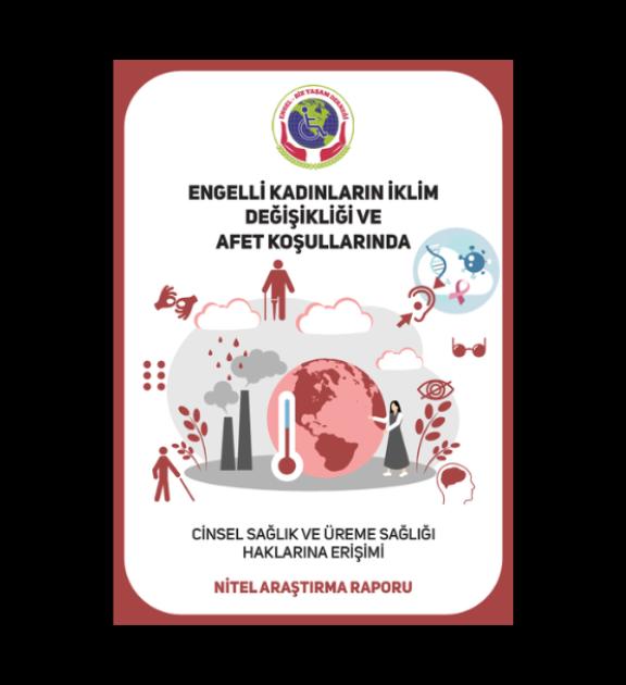 Afet, iklim ve sağlık simgeleriyle çevrili dünya grafik tasarımı, üstte Türkçe başlık.